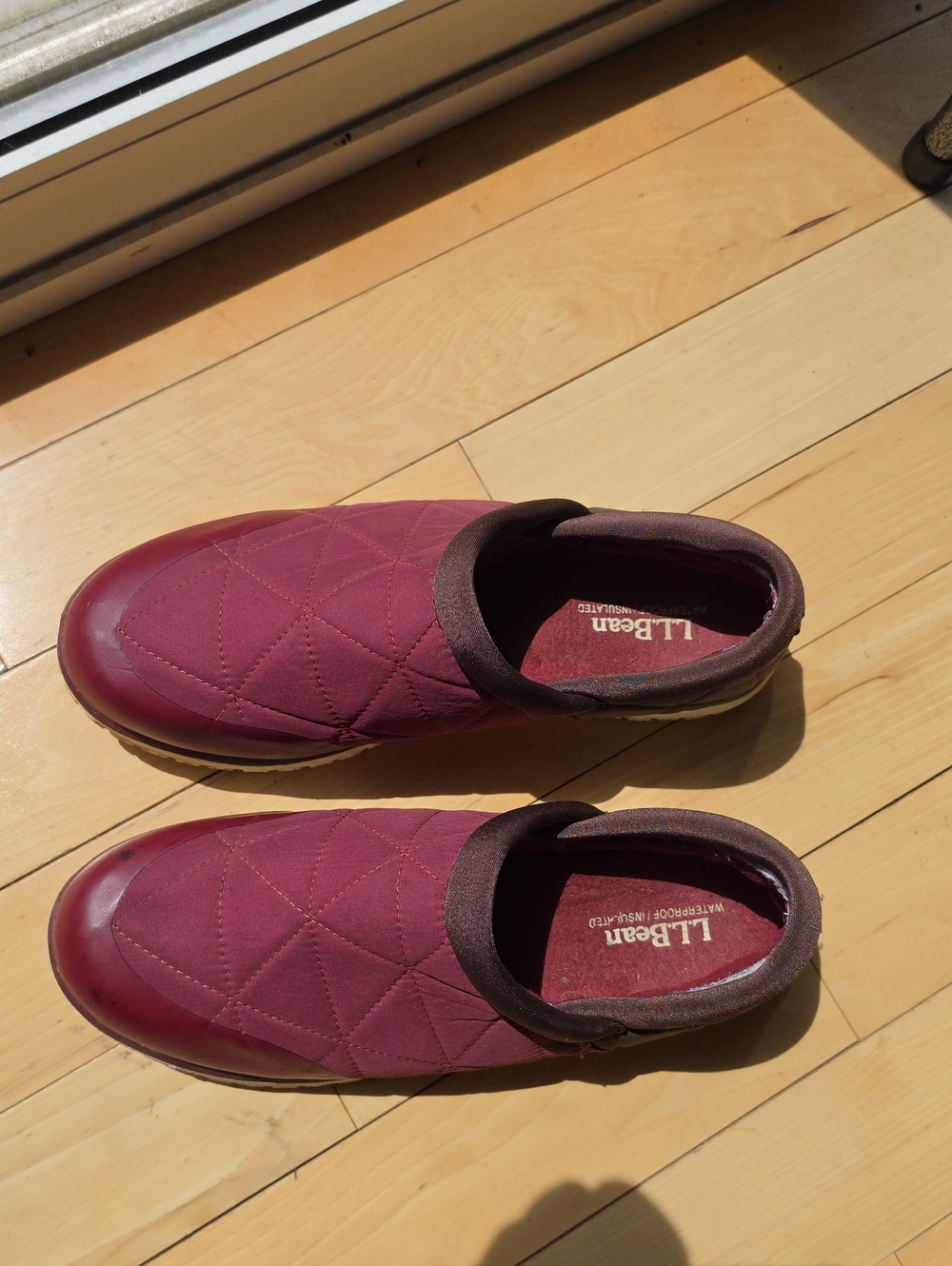 L.L.Bean Quilted Slip-On Shoes in Wine and Brown Trim